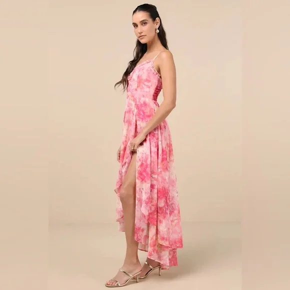 Lulus Desdra pink floral ruffle tiered high low maxi dress - Picture 2 of 4